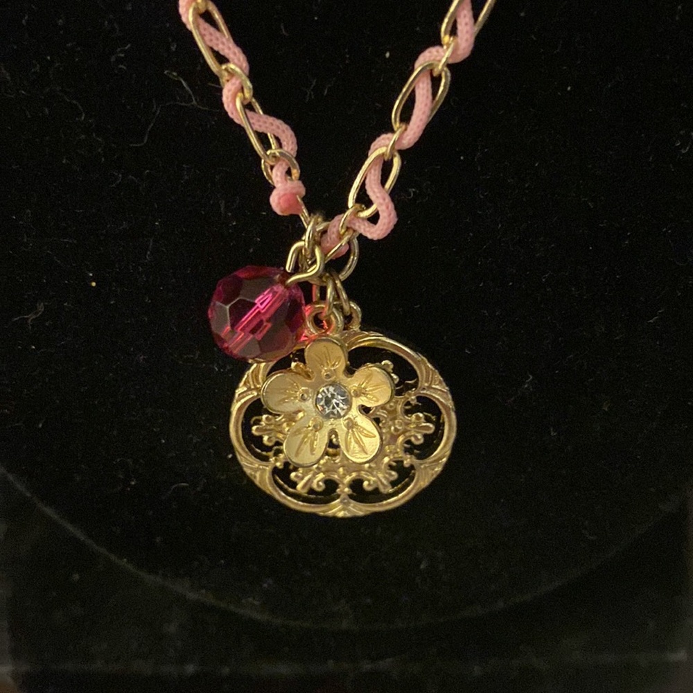 Pretty 10” Gold Necklace w/a Pink ribbon running through it & 3 charms on it - Picture 2 of 3